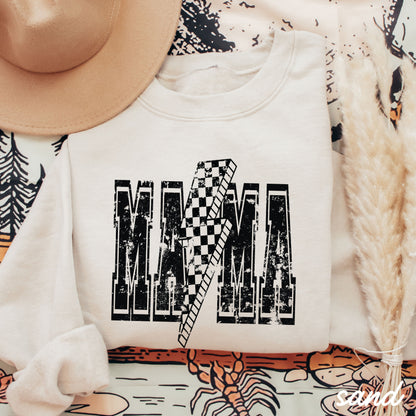 PRE-ORDER: Checkered Bolt MAMA Sweatshirt *4 Colors (S-3X) Chloe Vs Tank The Boutique
