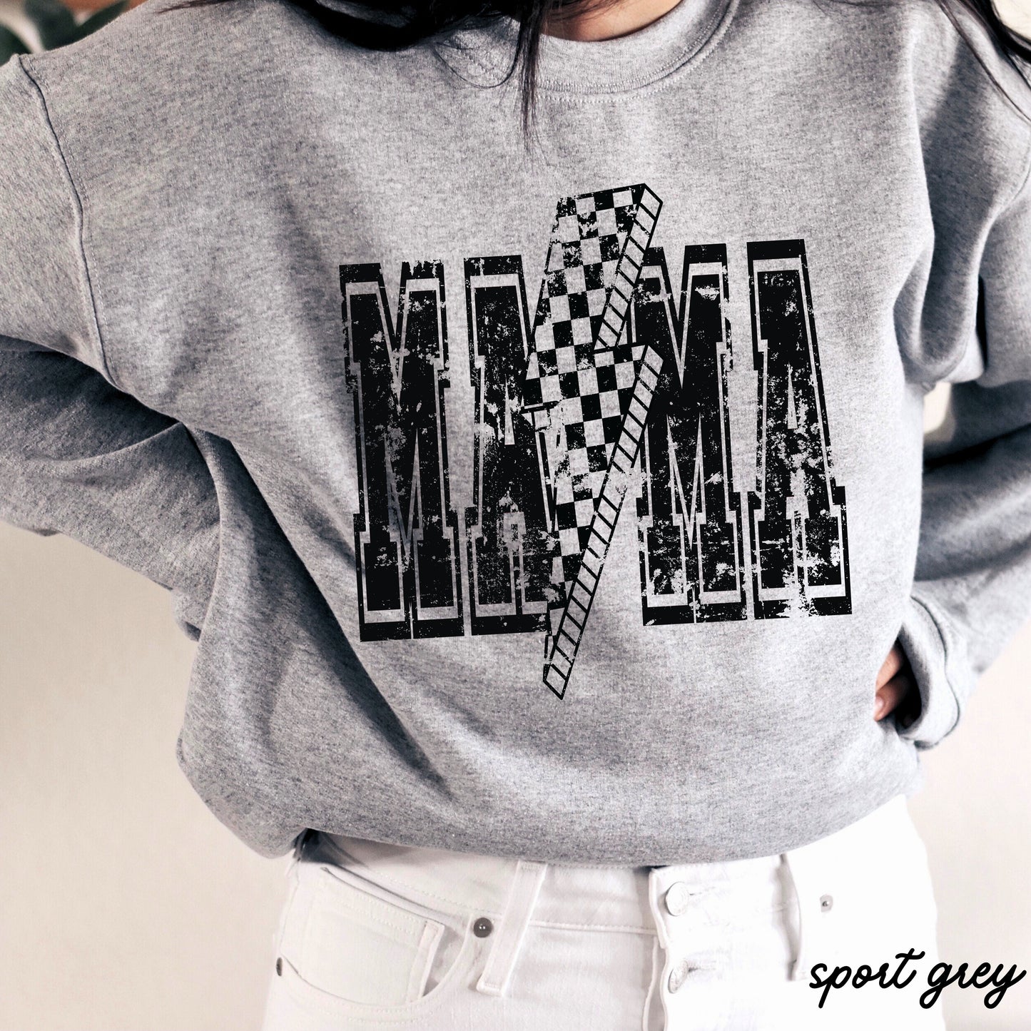 PRE-ORDER: Checkered Bolt MAMA Sweatshirt *4 Colors (S-3X) Chloe Vs Tank The Boutique