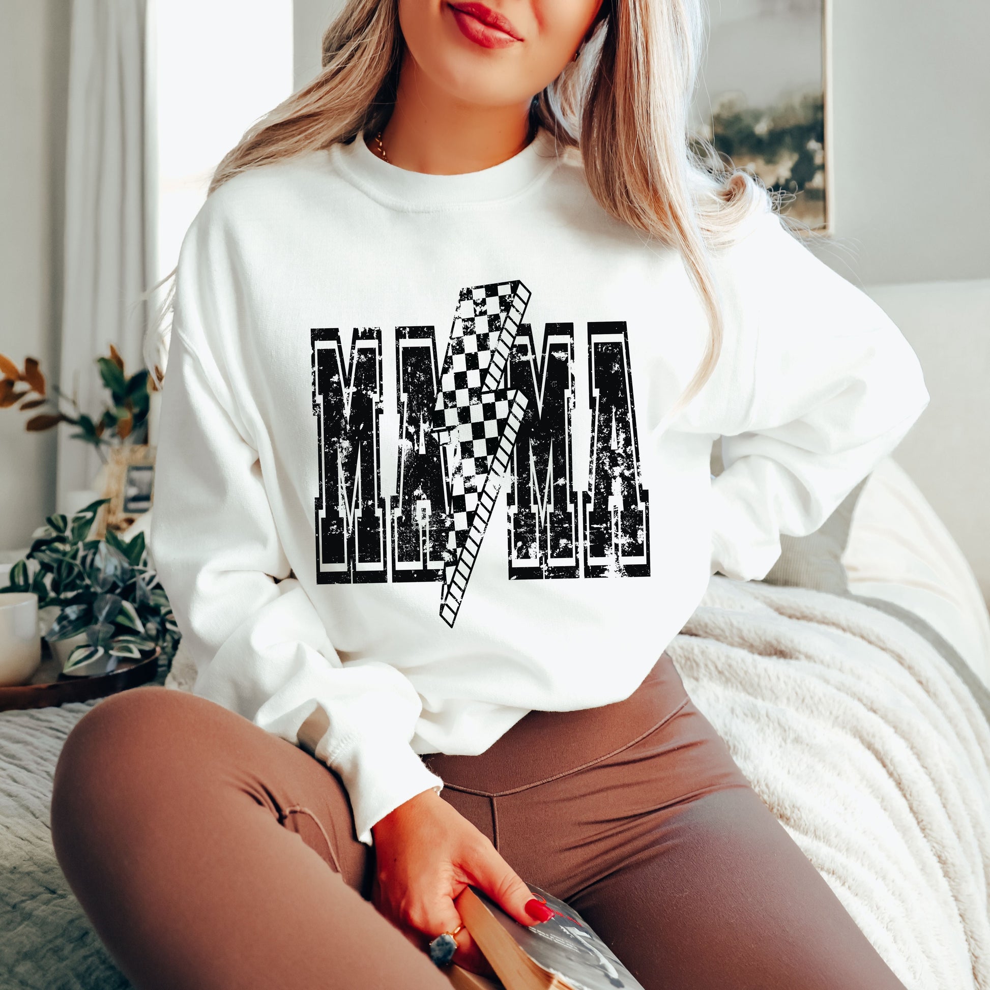 PRE-ORDER: Checkered Bolt MAMA Sweatshirt *4 Colors (S-3X) Chloe Vs Tank The Boutique