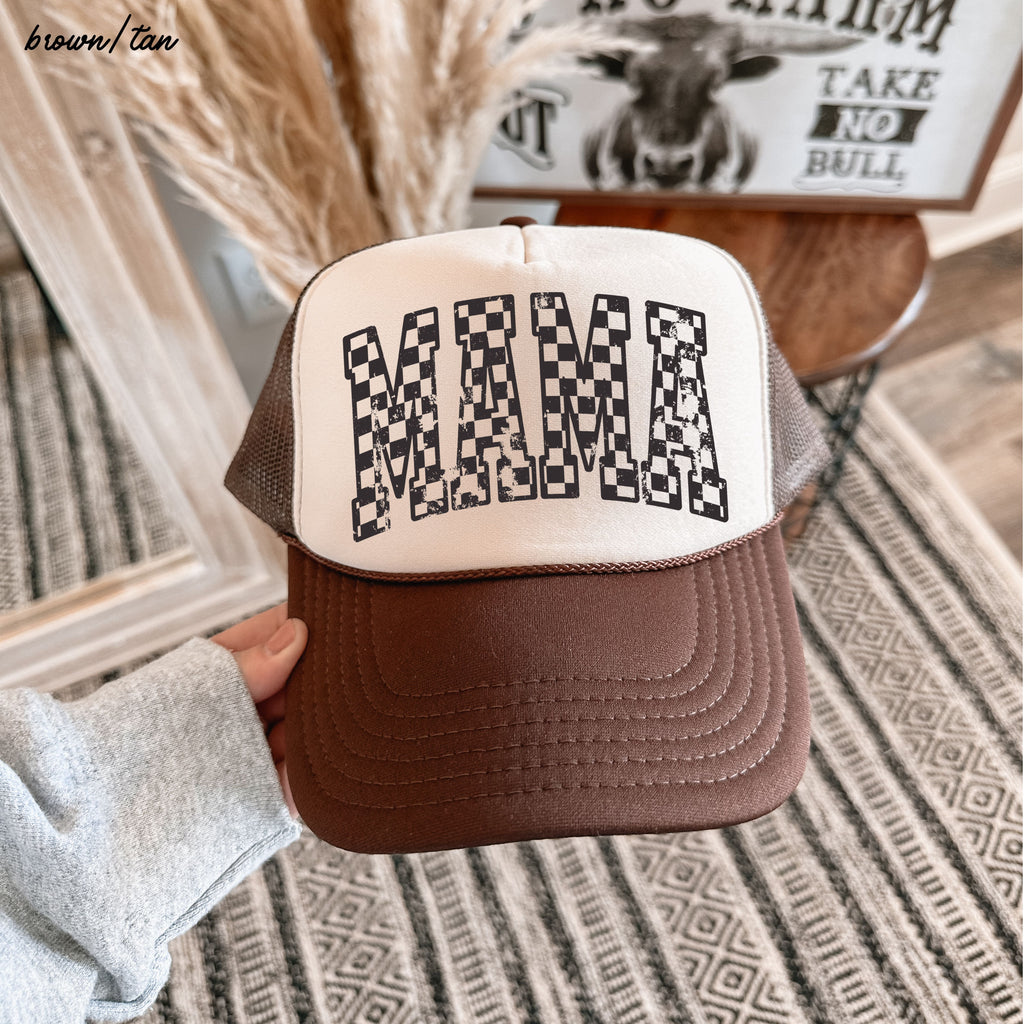 Checkered Mama Outline Trucker Hat *9 COLORS Chloe Vs Tank The Boutique