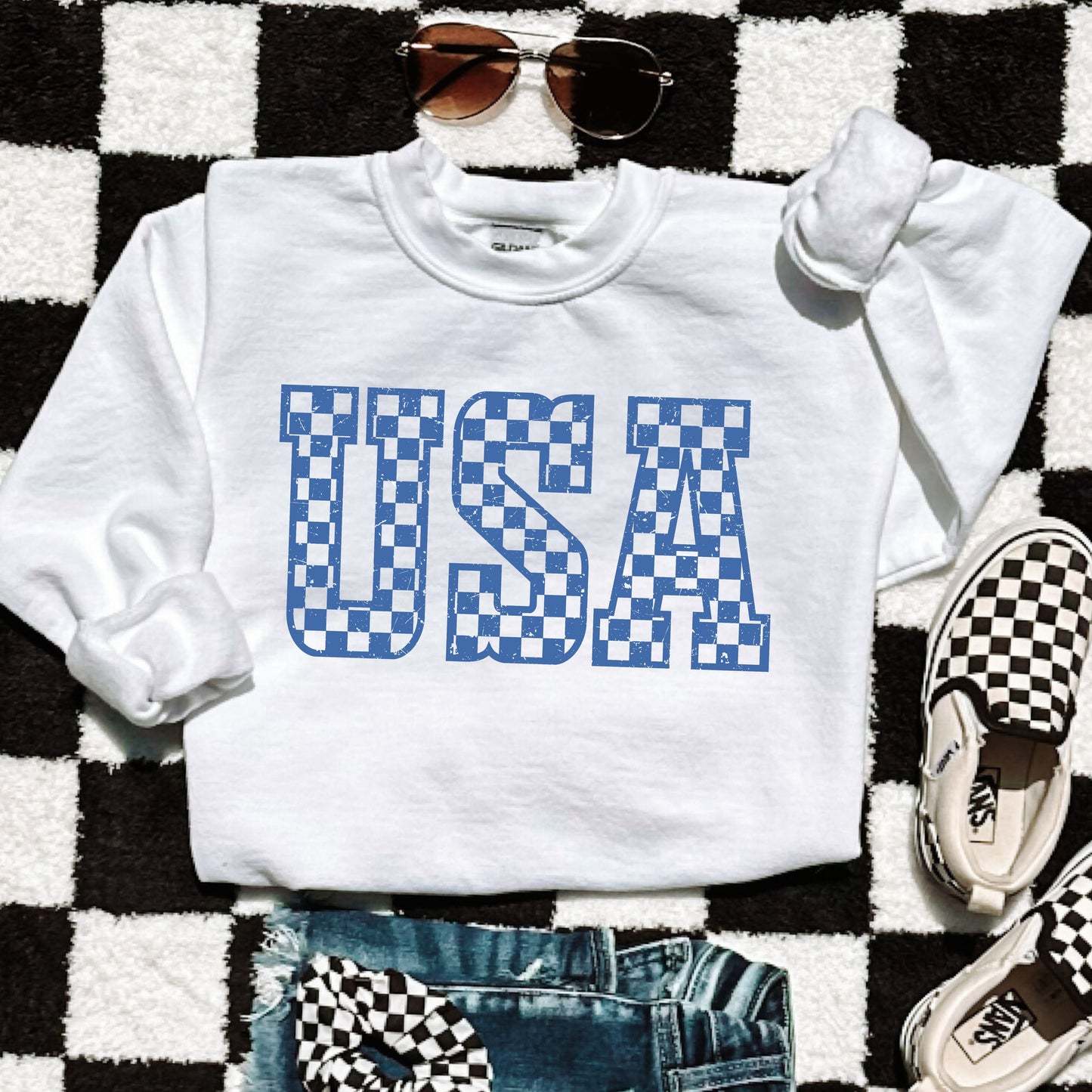 Checkered USA Sweatshirt *7 Colors (S-3X) Chloe Vs Tank The Boutique
