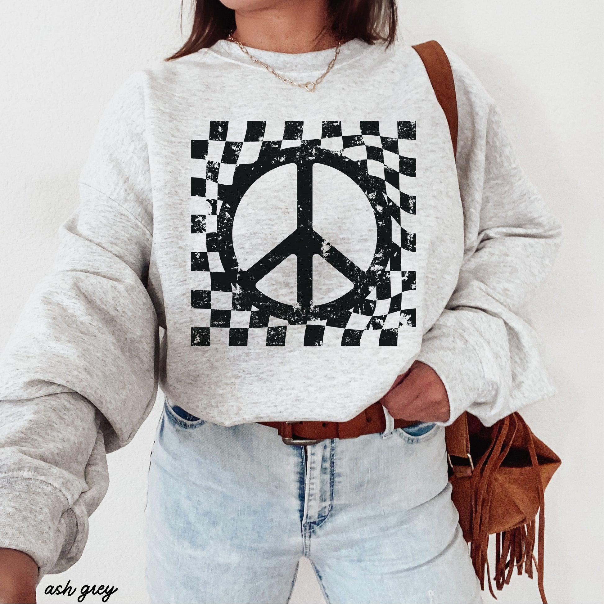 Checkered Peace Sign Sweatshirt *7 Colors (S-3X) Chloe Vs Tank The Boutique