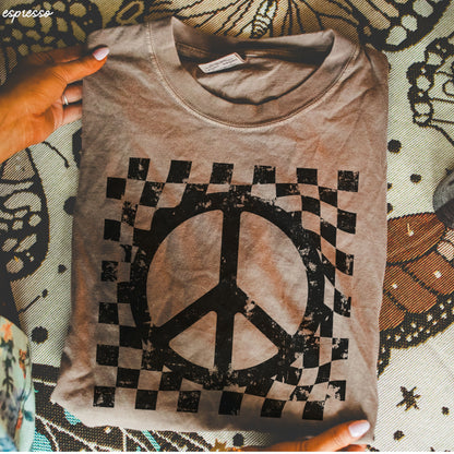 Checkered Peace Sign Tee *12 Colors (S-3X) Chloe Vs Tank The Boutique