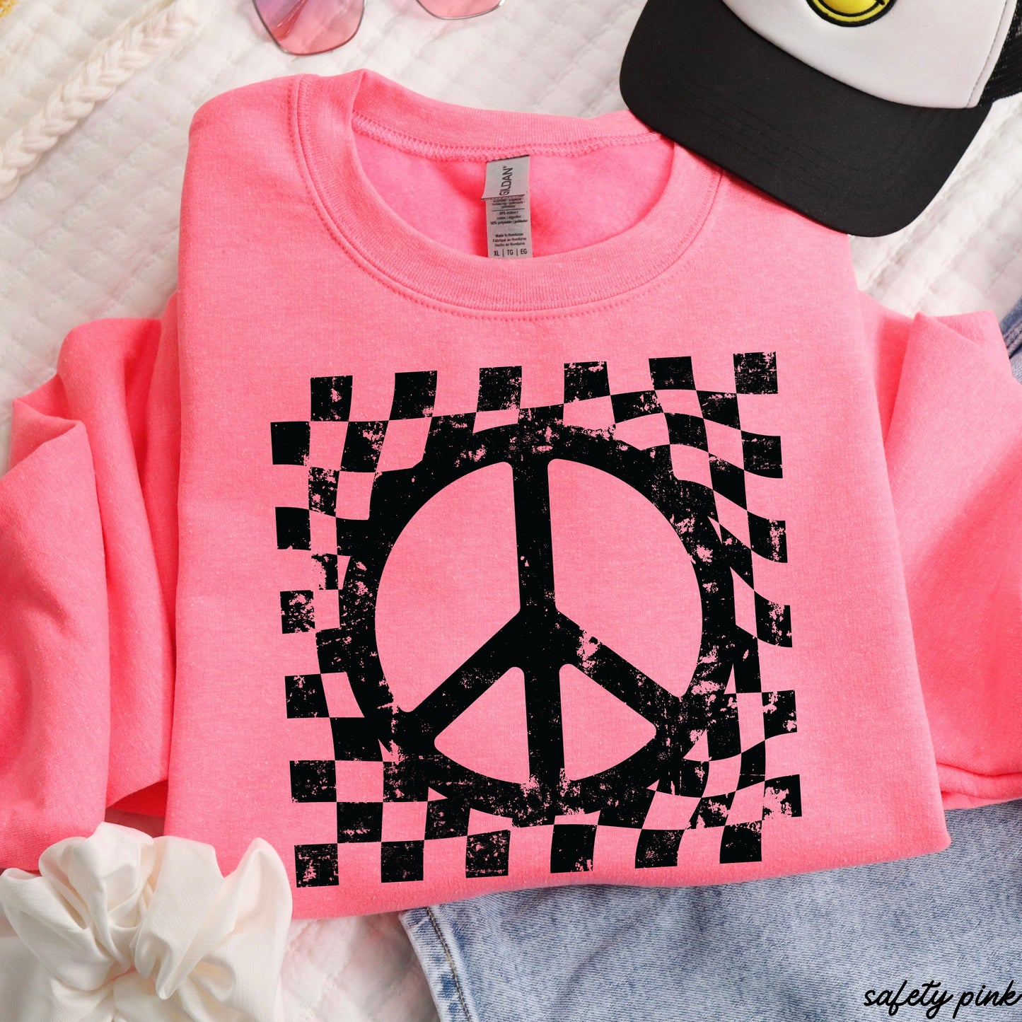 Checkered Peace Sign Sweatshirt *7 Colors (S-3X) Chloe Vs Tank The Boutique