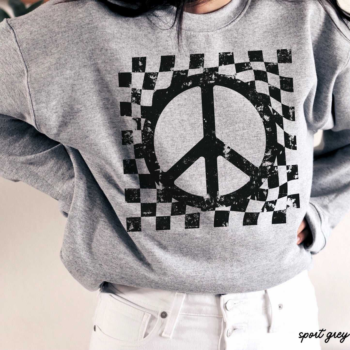 Checkered Peace Sign Sweatshirt *7 Colors (S-3X) Chloe Vs Tank The Boutique