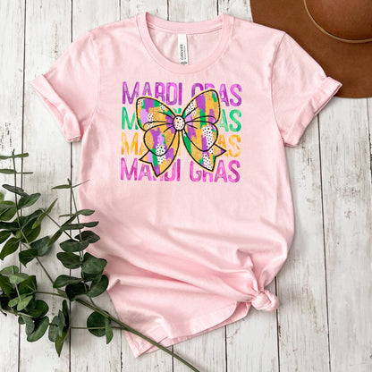 Mardi Gras Shirt - Purple Green Gold Coquette Bow Tee | New Orleans Carnival Outfit Joyful Moose