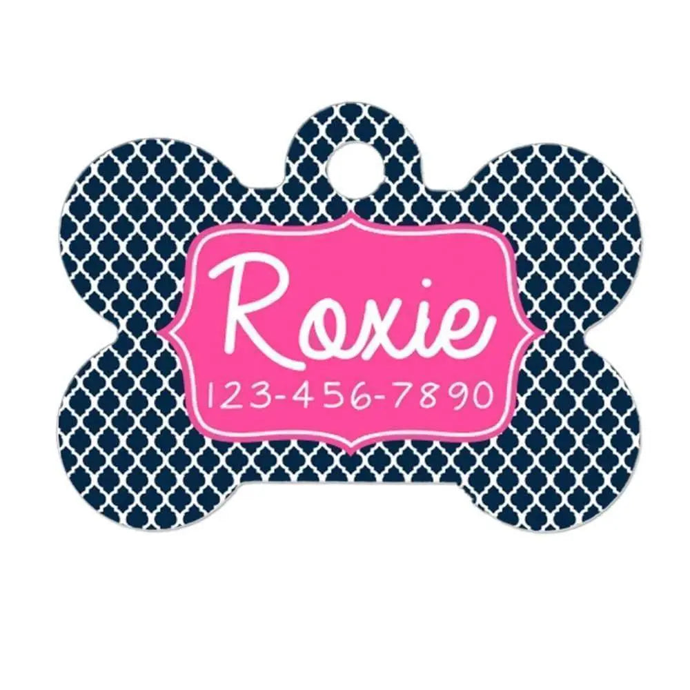 Dog Collar Tag - Personalized Dog Collar Tag - Custom Dog Collar Tag - Navy Blue Quatrefoil Joyful Moose