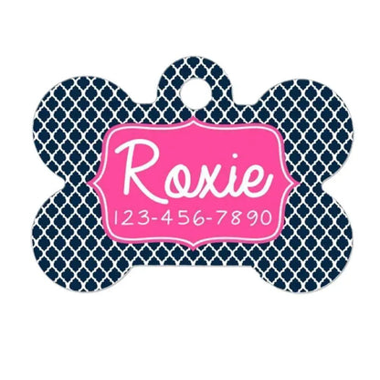 Dog Collar Tag - Personalized Dog Collar Tag - Custom Dog Collar Tag - Navy Blue Quatrefoil Joyful Moose