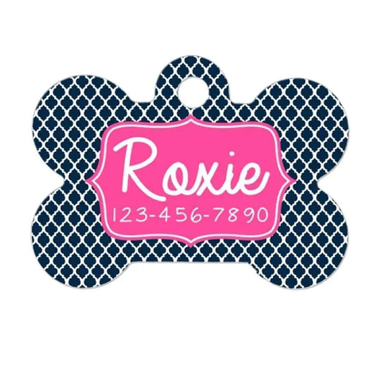 Dog Collar Tag - Personalized Dog Collar Tag - Custom Dog Collar Tag - Navy Blue Quatrefoil Joyful Moose