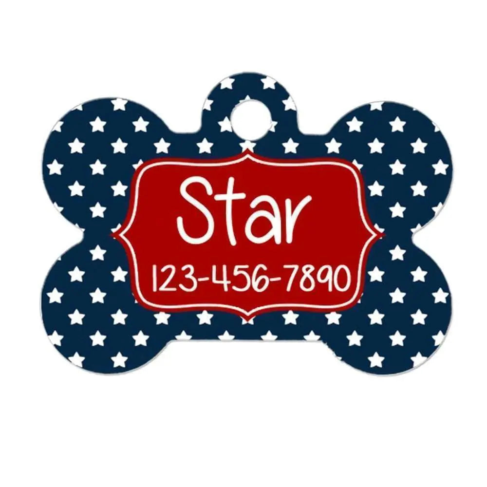 dog collar tag - red navy blue stars - 2 sided Joyful Moose