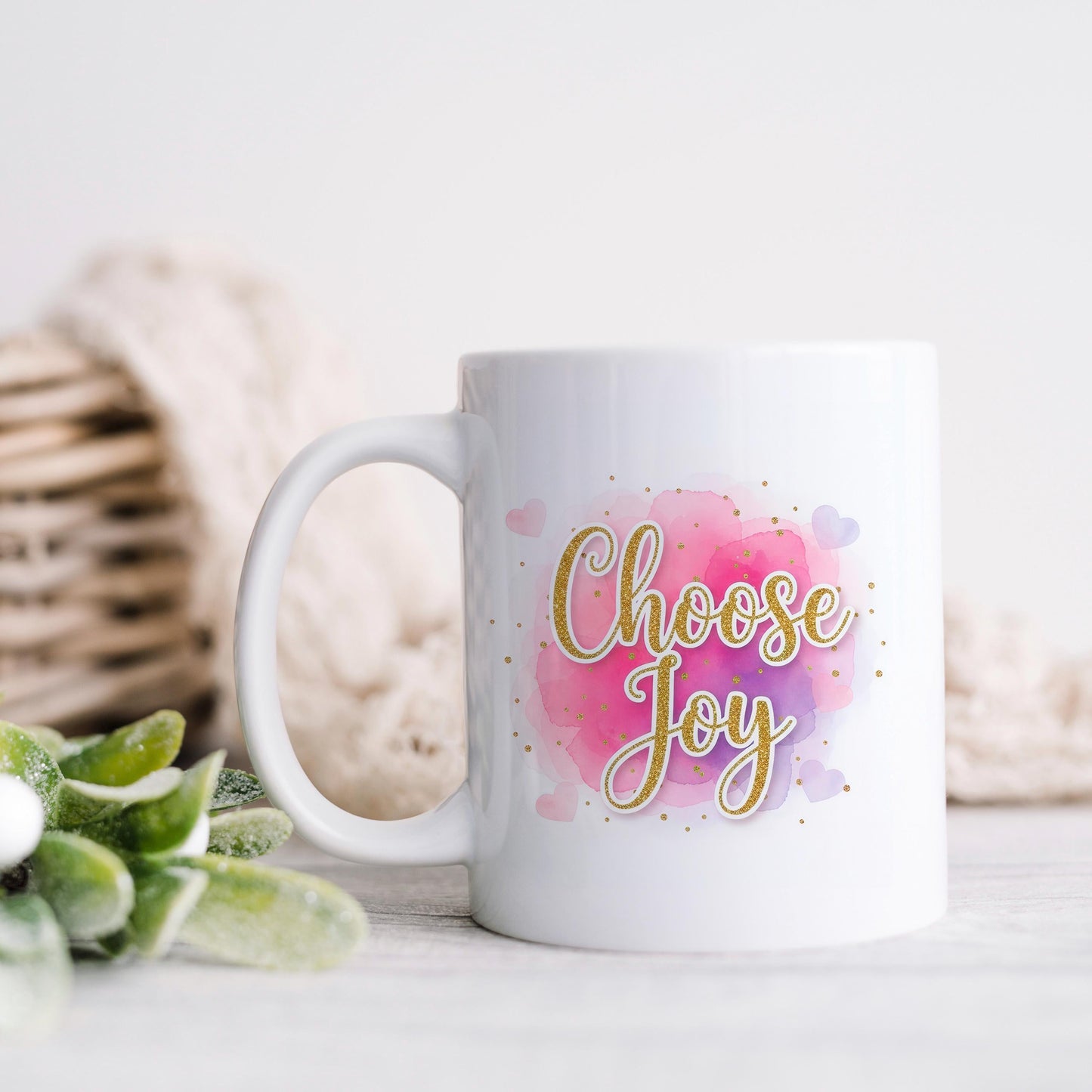Choose Joy Mug - Inspirational Coffee Cup | Pink Watercolor Ceramic Mug Joyful Moose