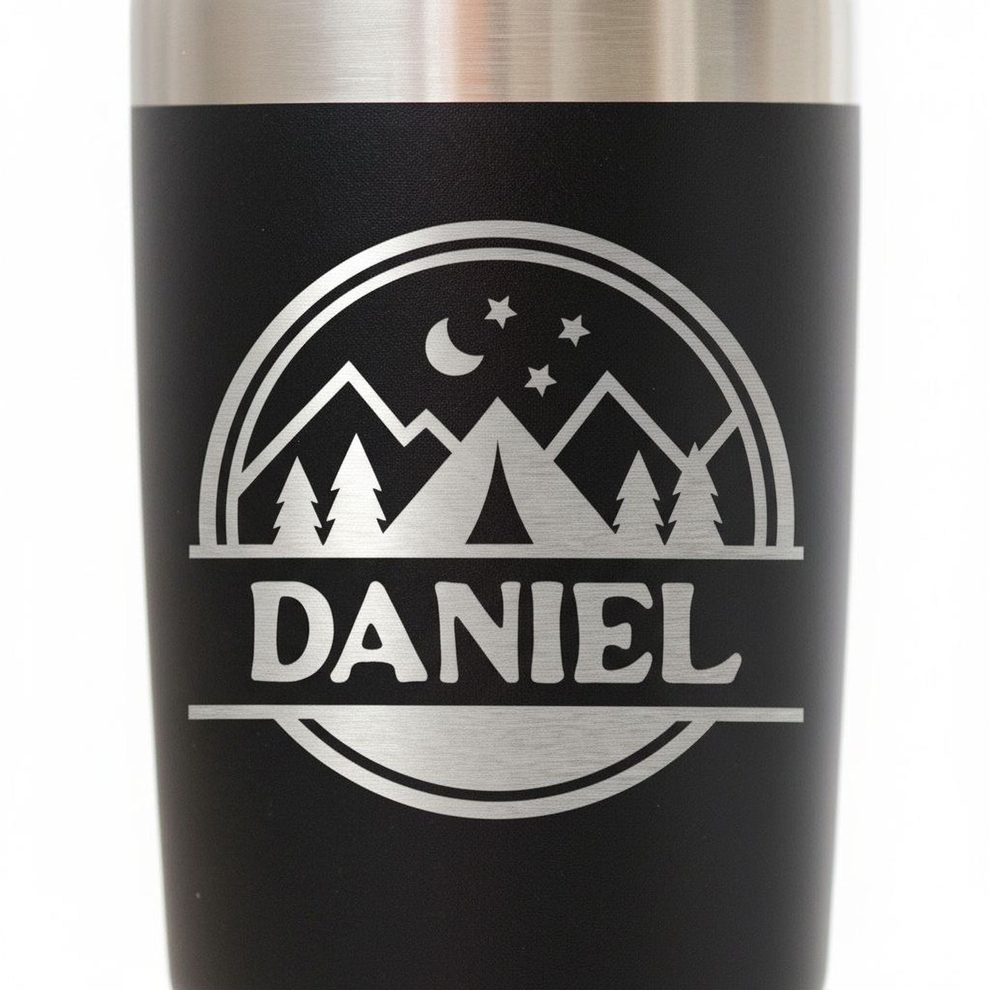 Personalized Camping Tumbler – Insulated Travel Mug with Mountain Stars Design Joyful Moose