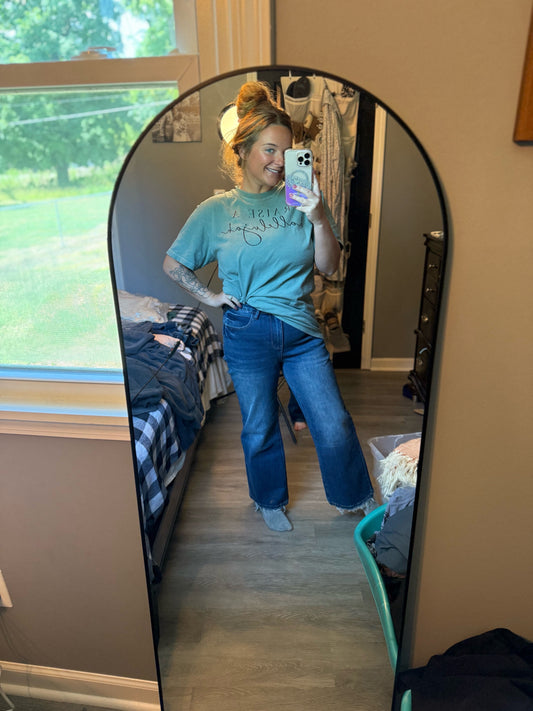 Sail Blue Mineral Wash Raw Hem High Waist Flared Jeans Thread & Co. Boutique, LLC