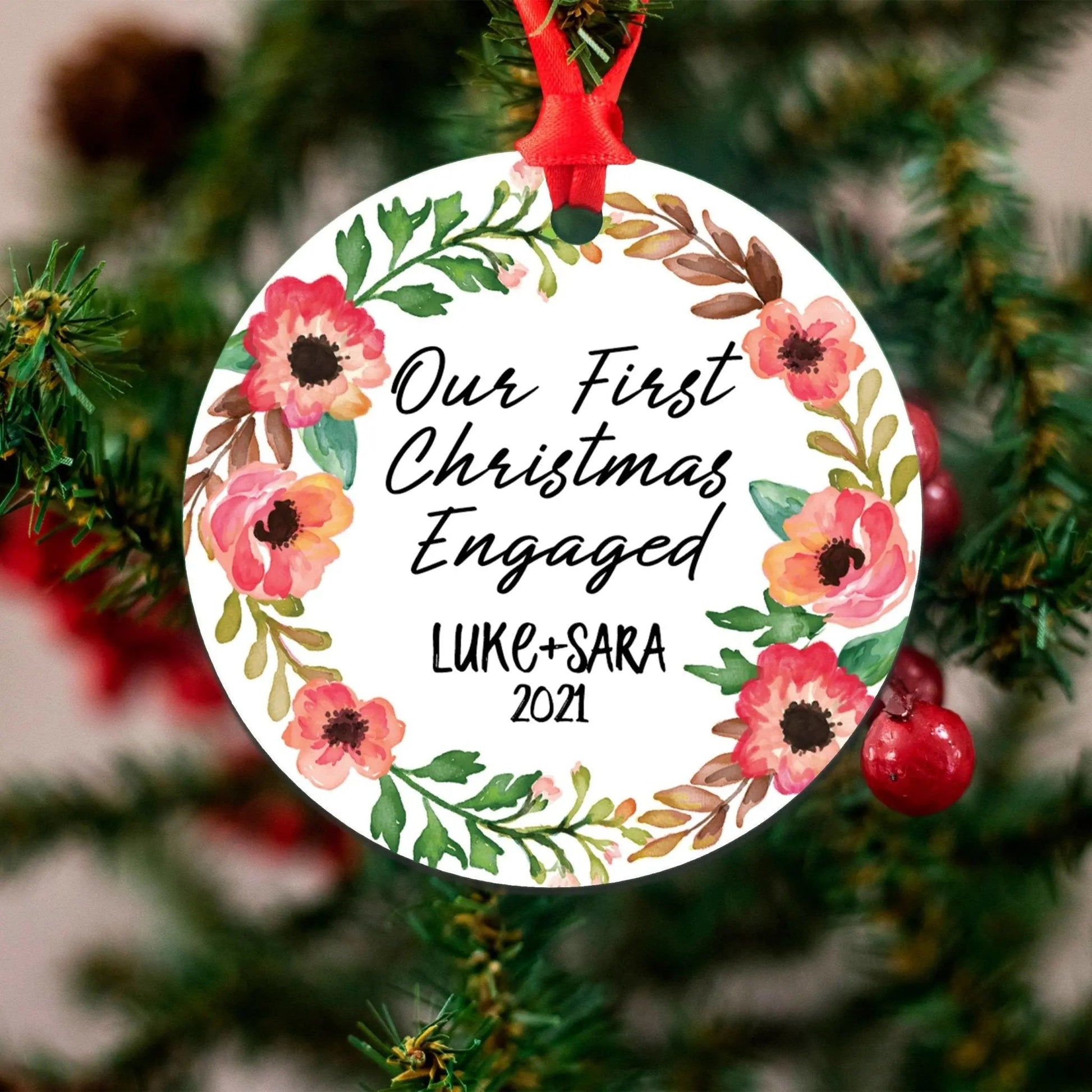 Engagement Ornament, Personalized Christmas Ornament, First Christmas Engaged Ornament Joyful Moose
