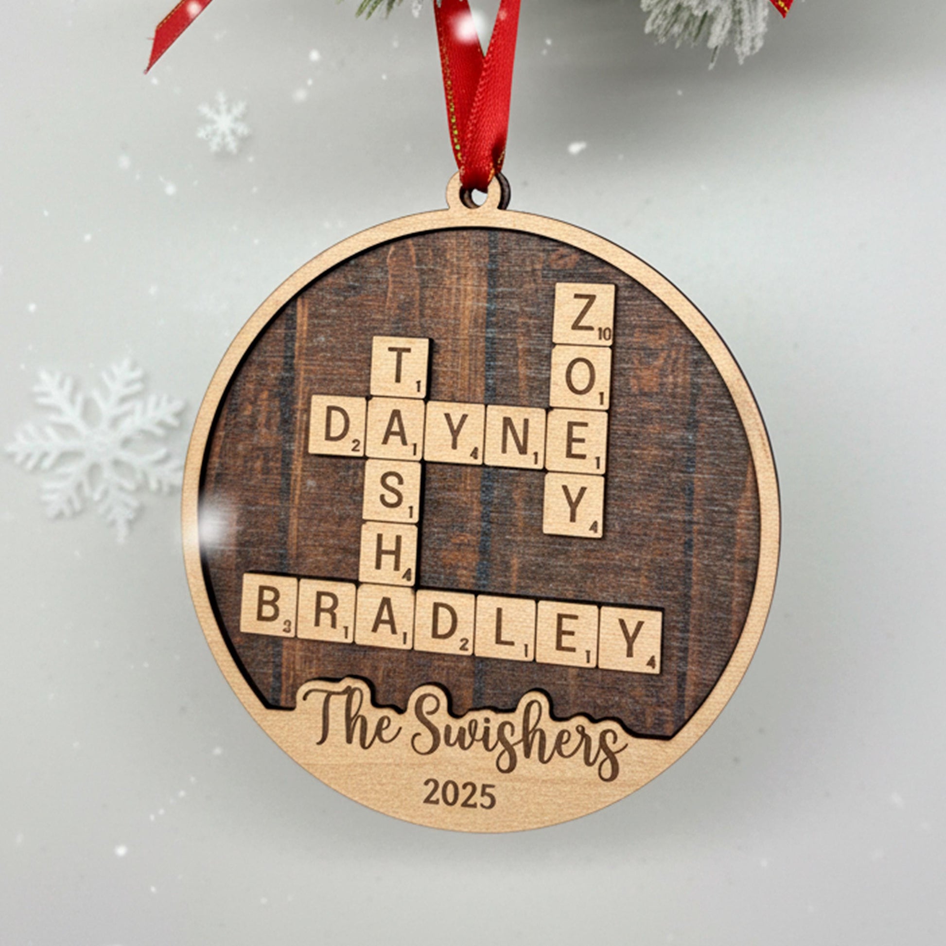 Custom Wooden Christmas Ornament - Family Name Laser Engraved Puzzle Keepsake Joyful Moose