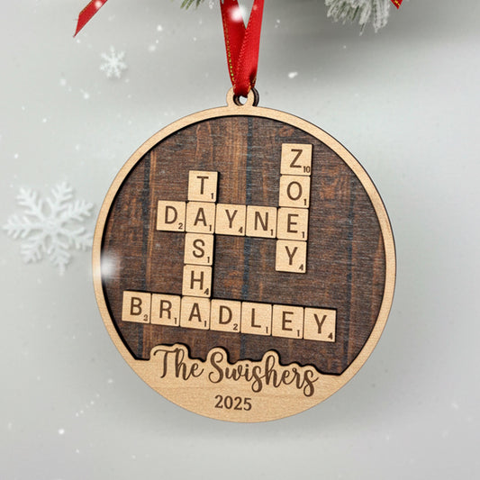 Custom Wooden Christmas Ornament - Family Name Laser Engraved Puzzle Keepsake Joyful Moose