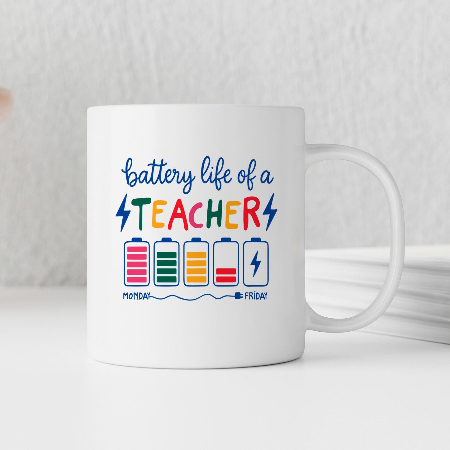 Funny Teacher Mug - Colorful Battery Graphic Ceramic Coffee Cup | Teacher Appreciation Gift Joyful Moose