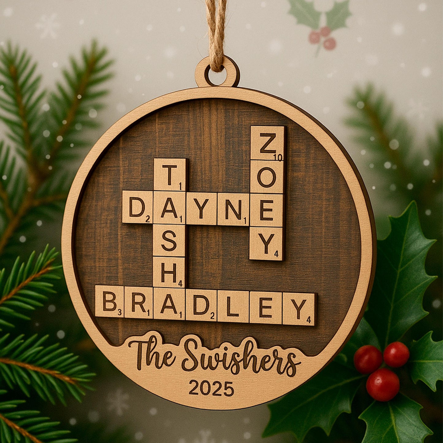 Custom Wooden Christmas Ornament - Family Name Laser Engraved Puzzle Keepsake Joyful Moose