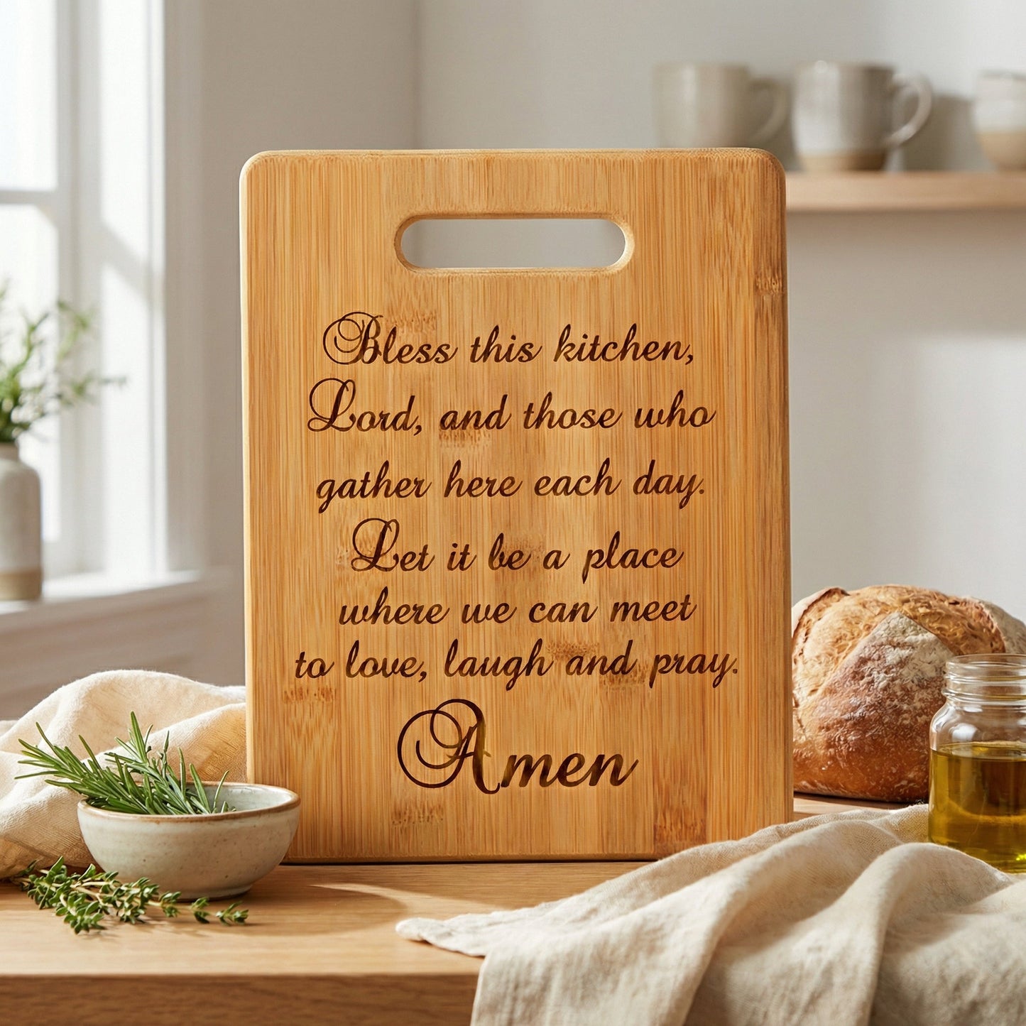 Kitchen Prayer Bamboo Cutting Board - Christian Housewarming Gift - Bless this kitchen Joyful Moose