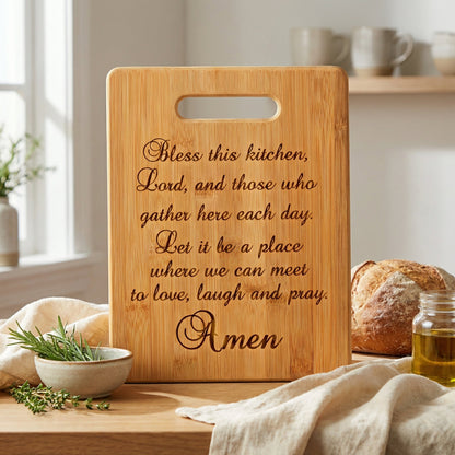 Kitchen Prayer Bamboo Cutting Board - Christian Housewarming Gift - Bless this kitchen Joyful Moose