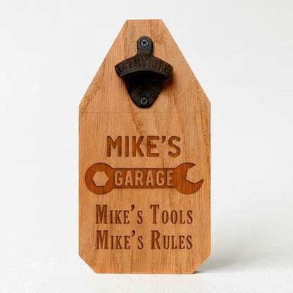 Custom Garage Sign – Personalized Wood Sign with Rustic Bottle Opener & Workshop Wall Art Joyful Moose