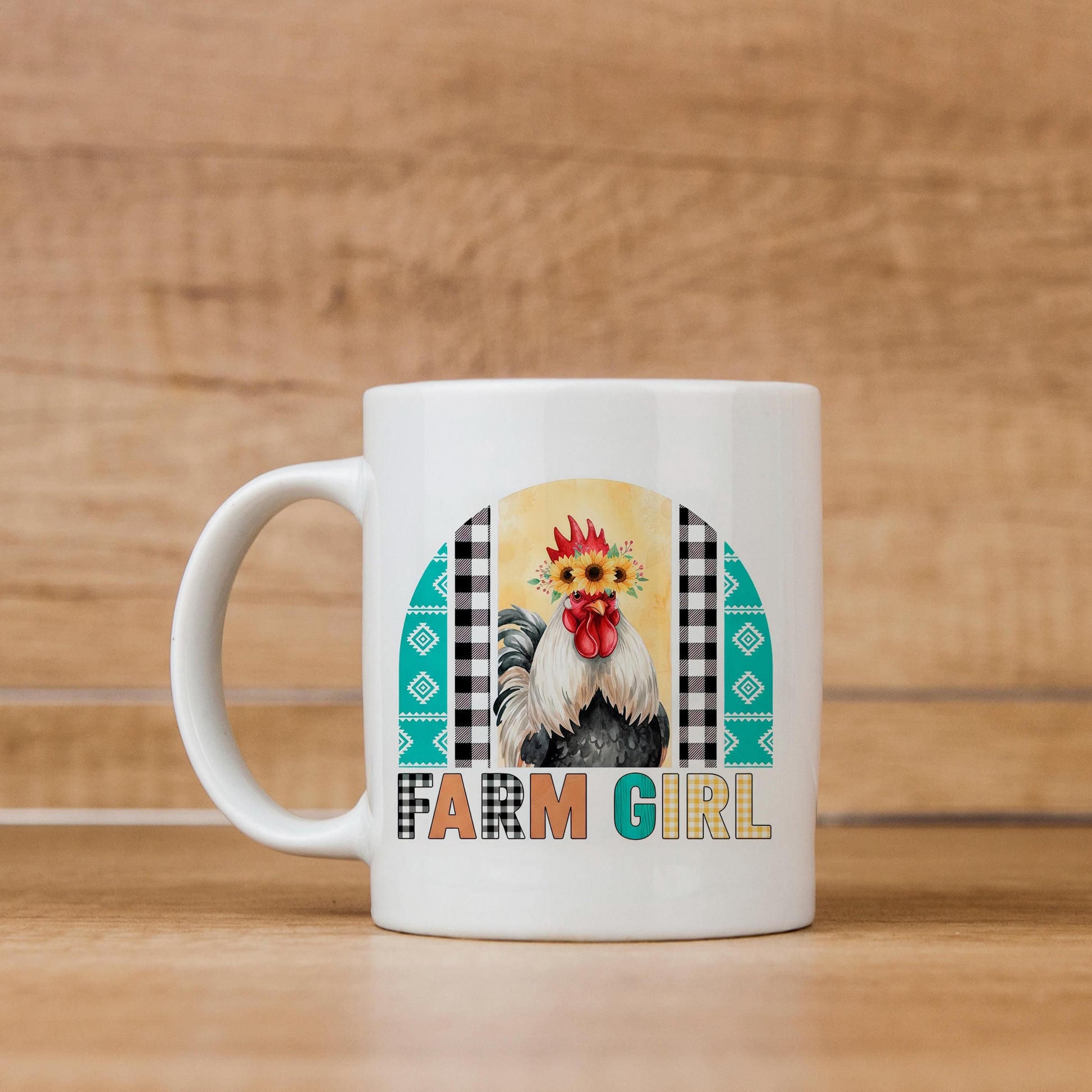 Farm Girl Mug – Rustic Farmhouse Coffee Cup with Sunflower Chicken Art Joyful Moose