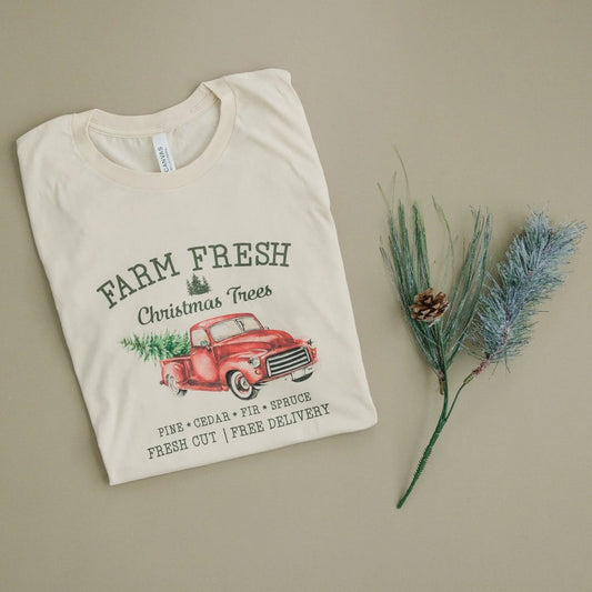Farm Fresh Christmas Trees Tshirt, Christmas shirt, Vintage Design Red Pickup Truck christmas shirts Joyful Moose