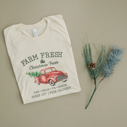 Farm Fresh Christmas Trees Tshirt, Christmas shirt, Vintage Design Red Pickup Truck christmas shirts Joyful Moose