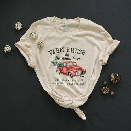 Farm Fresh Christmas Trees Tshirt, Christmas shirt, Vintage Design Red Pickup Truck christmas shirts Joyful Moose