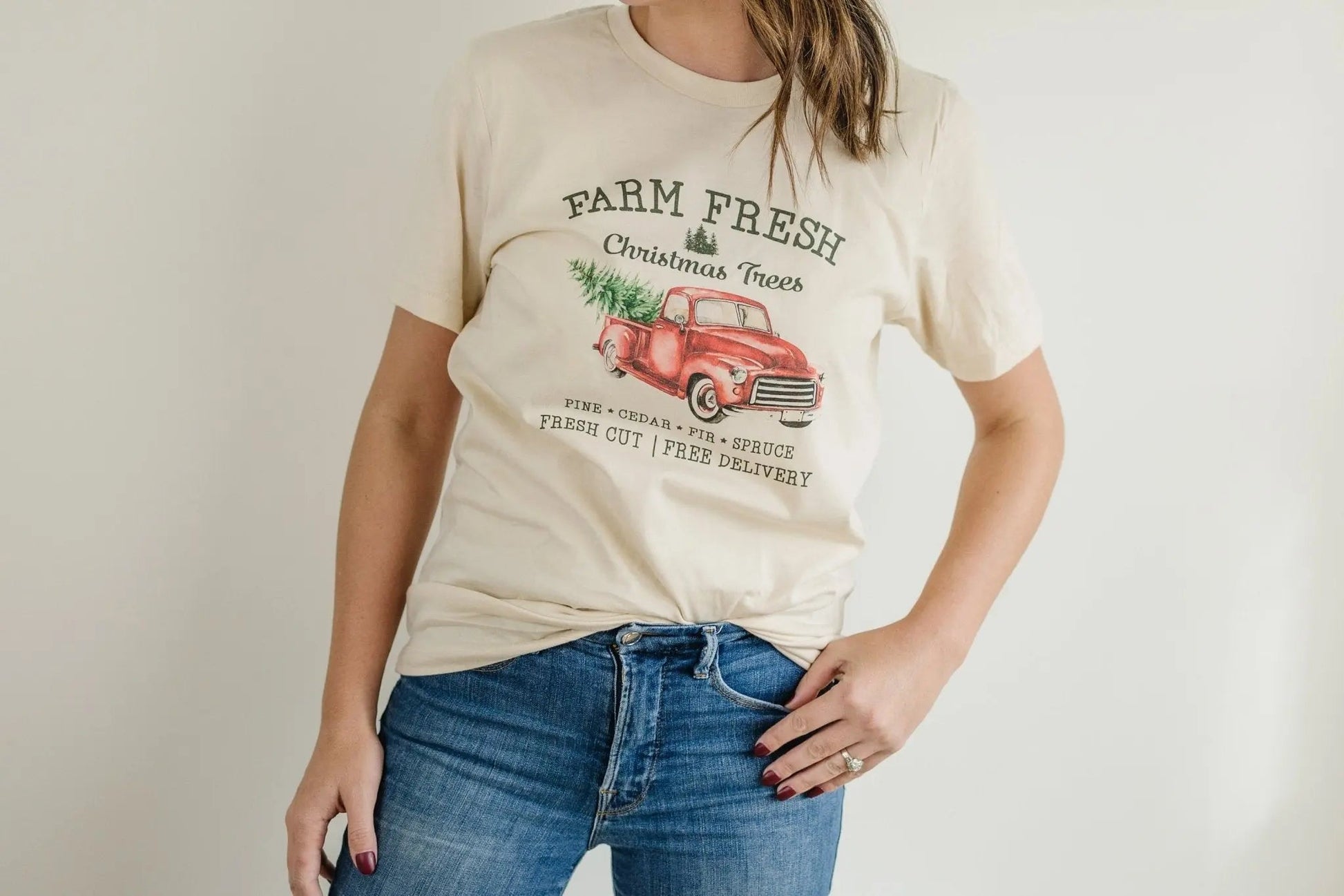 Farm Fresh Christmas Trees Tshirt, Christmas shirt, Vintage Design Red Pickup Truck christmas shirts Joyful Moose