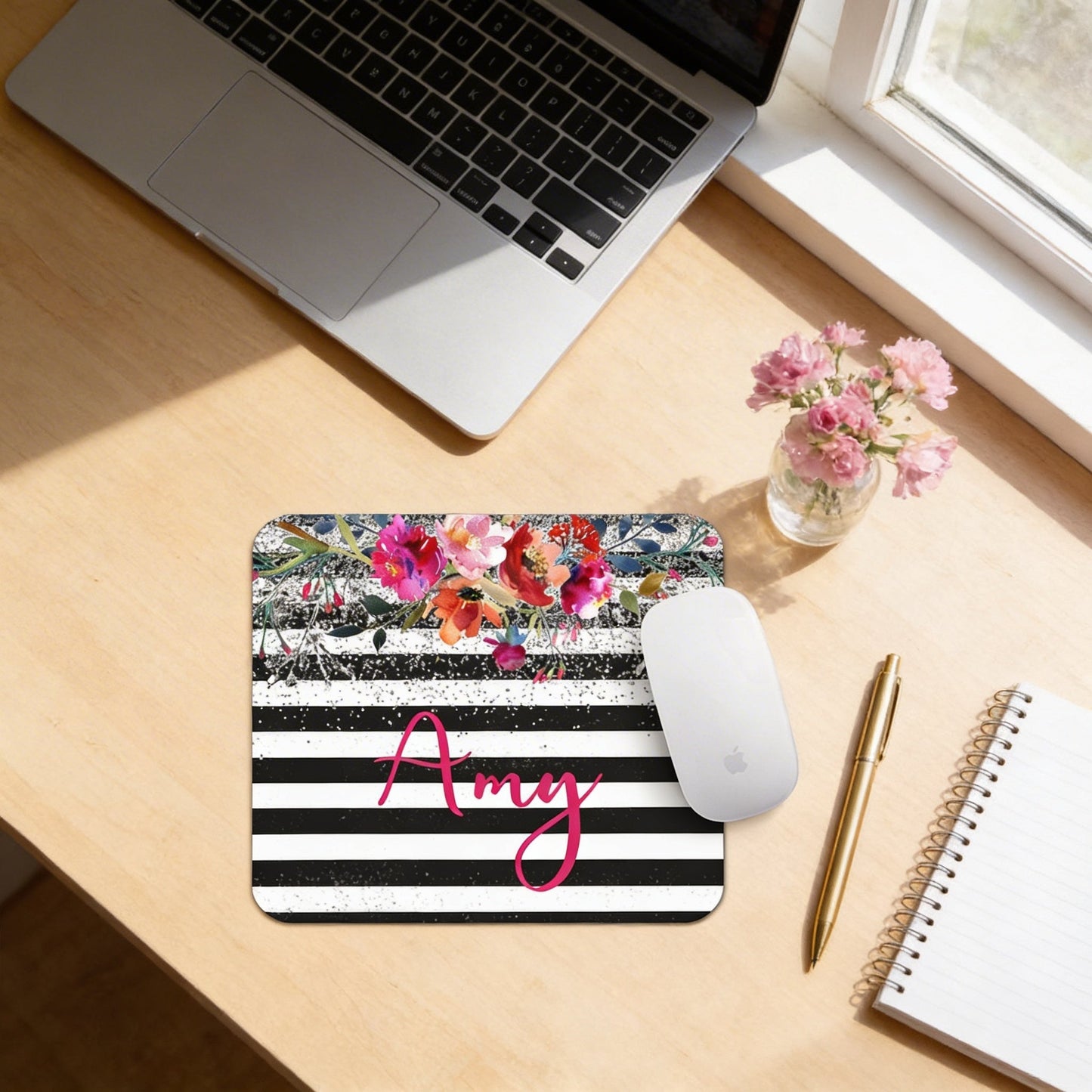 Personalized Floral Mousepad - Watercolor Mouse Pad With Silver Glitter Design Joyful Moose