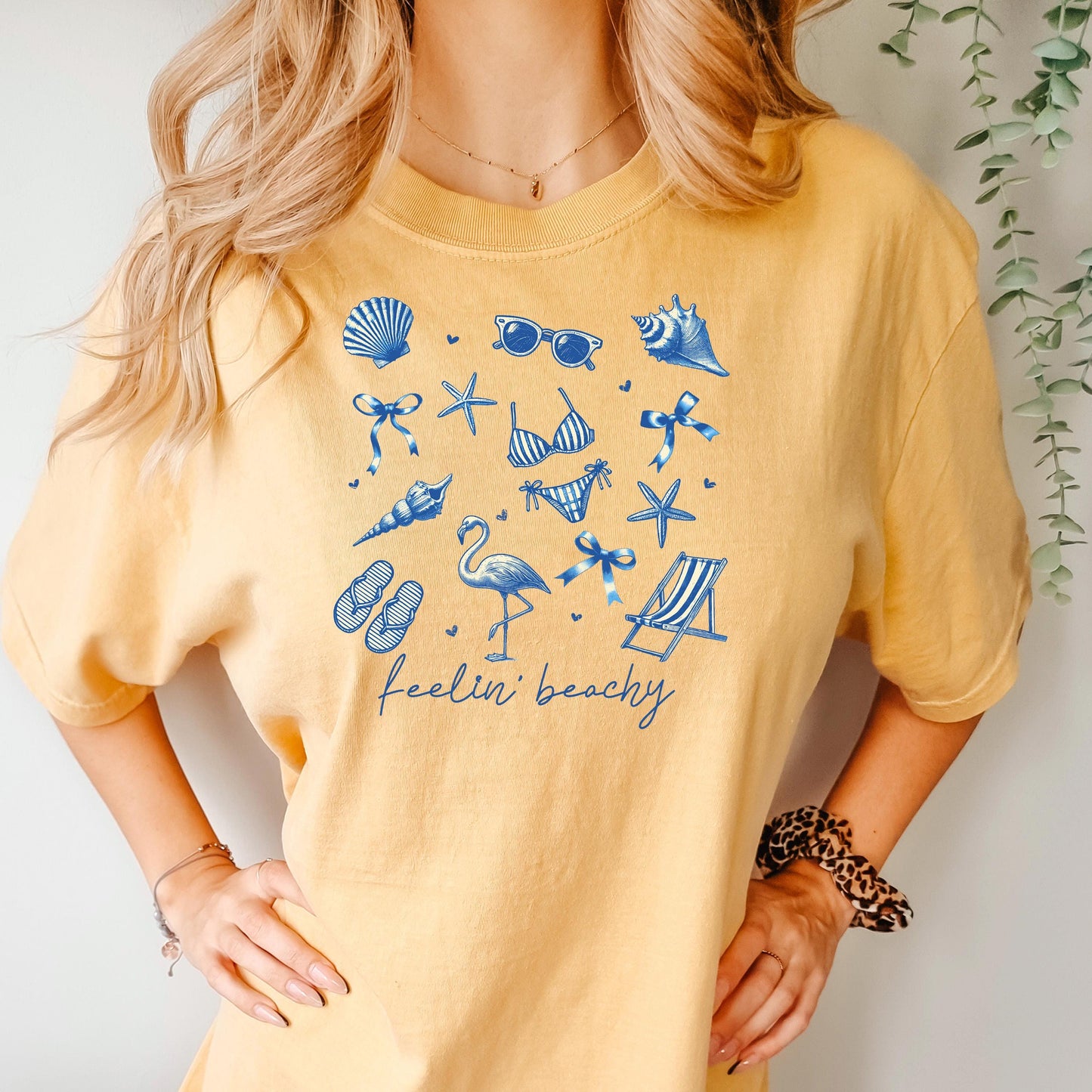 Beach Graphic Tee – Blue Beach Icons, Relaxed Unisex Fit Summer Shirt Joyful Moose