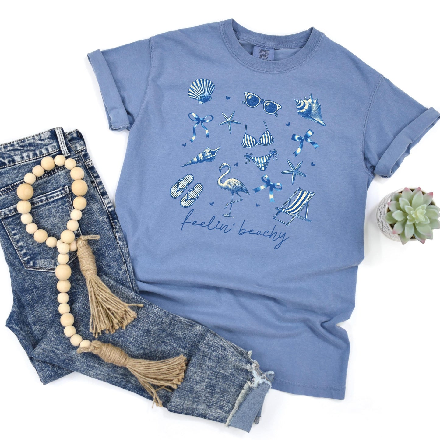 Beach Graphic Tee – Blue Beach Icons, Relaxed Unisex Fit Summer Shirt Joyful Moose