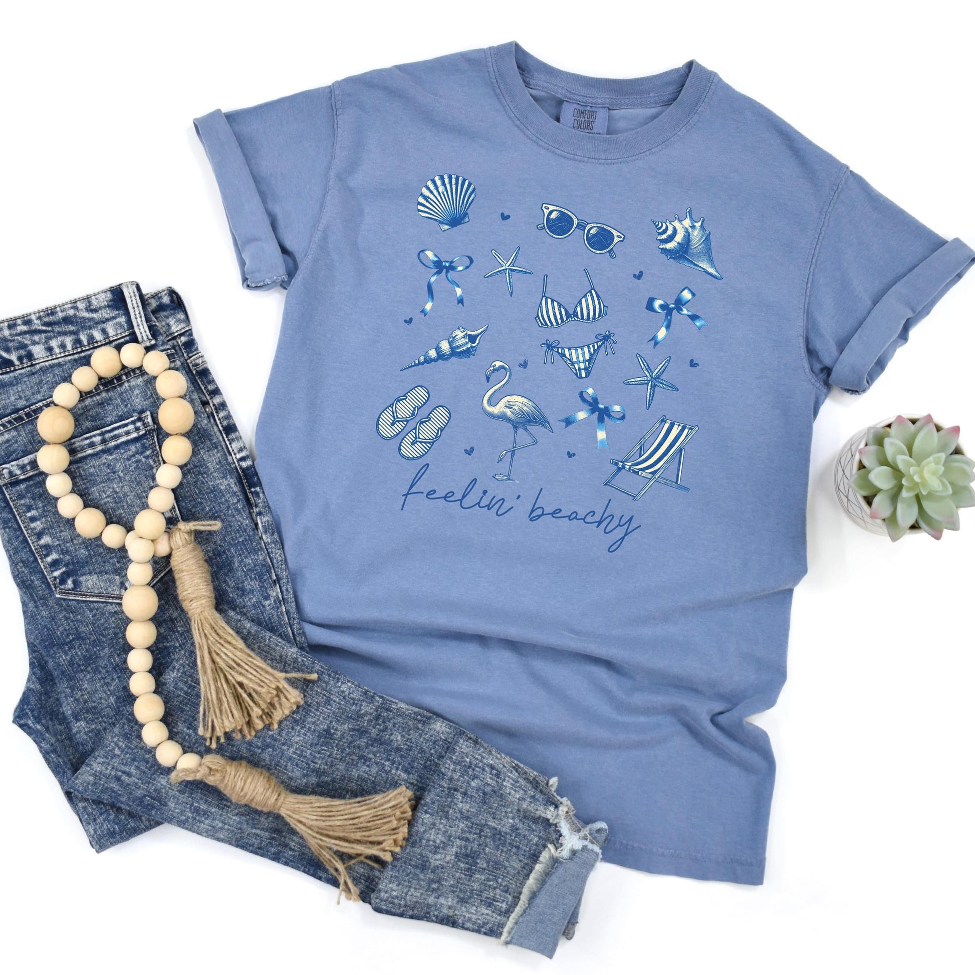 Beach Graphic Tee – Blue Beach Icons, Relaxed Unisex Fit Summer Shirt Joyful Moose