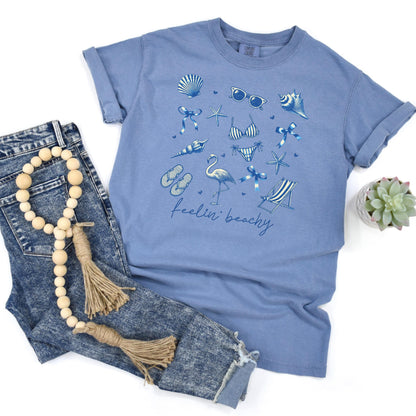 Beach Graphic Tee – Blue Beach Icons, Relaxed Unisex Fit Summer Shirt Joyful Moose