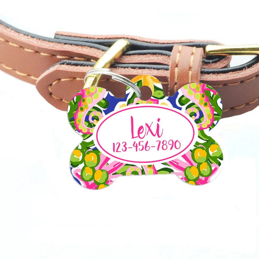 floral dog tag, floral Pet ID Tag, Personalized Pet Tag, Tropical Dog Name Tag - Custom Dog ID Tag - Dog Collar Name Tag, bone dog tag Joyful Moose