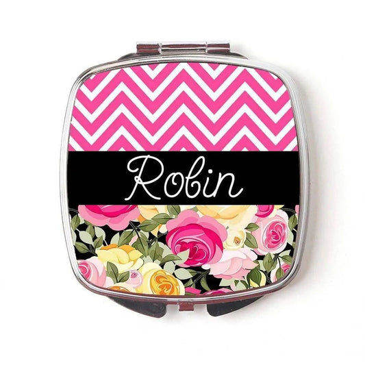 Floral Personalized Compact Mirror - Pink Black & Floral Wedding Joyful Moose