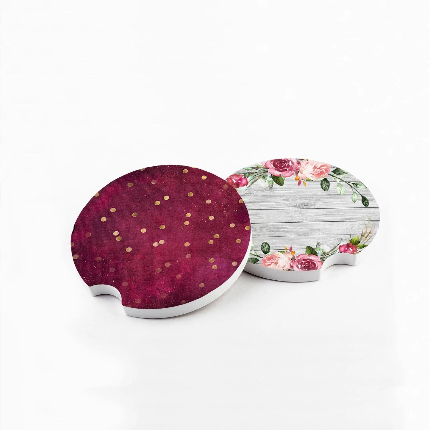 Floral Wood Car Coaster -  Sandstone Car Coaster Set of 2 - Maroon Rose Pink Gold Glitter Joyful Moose