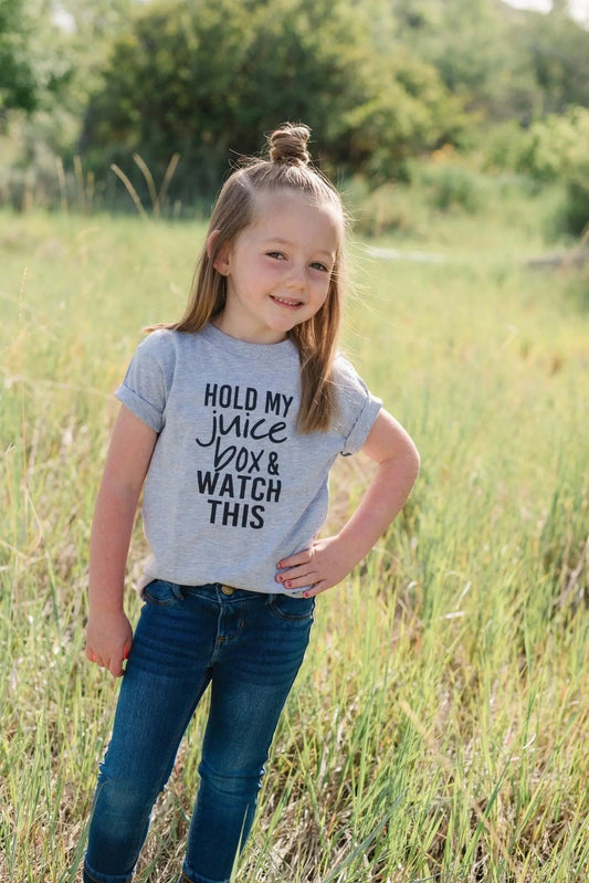 Funny Toddler Tshirt, Hold my juice box and watch this Kids shirt Joyful Moose
