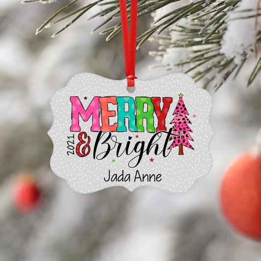 Girl Christmas Ornament - Merry & Bright Colorful Personalized Christmas Ornament - Pink Cheetah Polka Dots Christmas Ornament for Girls Joyful Moose