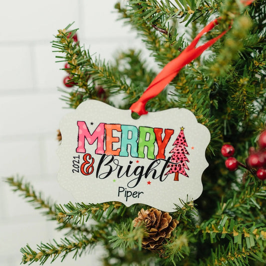 Girl Christmas Ornament - Merry & Bright Colorful Personalized Christmas Ornament - Pink Cheetah Polka Dots Christmas Ornament for Girls Joyful Moose