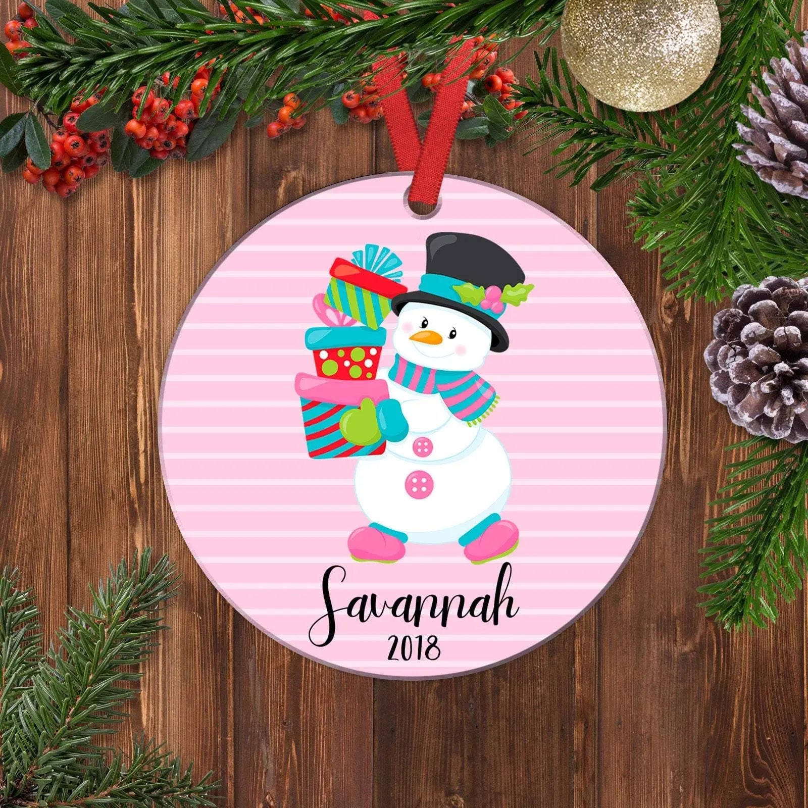 Girl Ornament - Personalized Christmas Ornament - Pink Snowman Gifts Joyful Moose