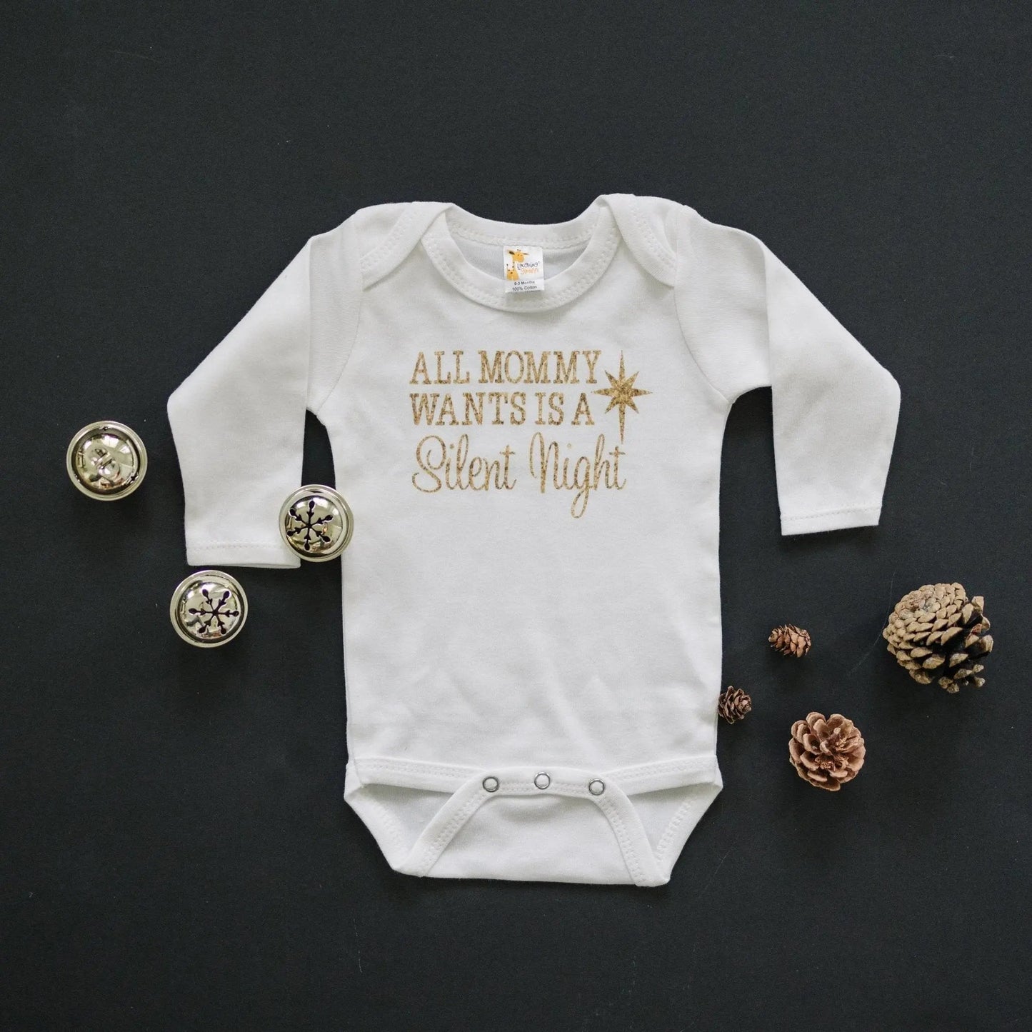 Gold Christmas Baby Tshirt - Newborn Baby Gift - Silent Night Gold Baby Outfit Joyful Moose