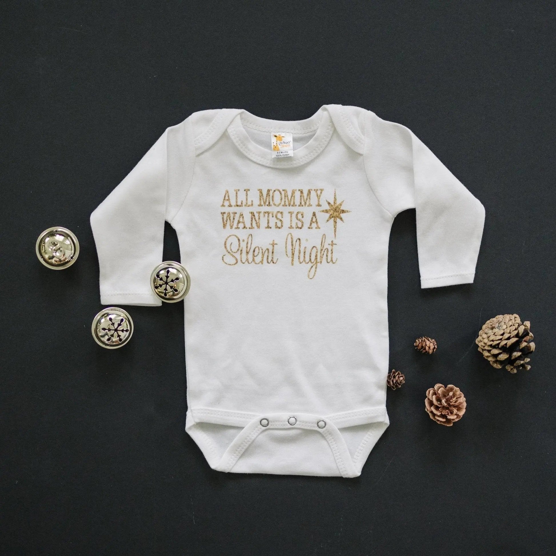 Gold Christmas Baby Tshirt - Newborn Baby Gift - Silent Night Gold Baby Outfit Joyful Moose