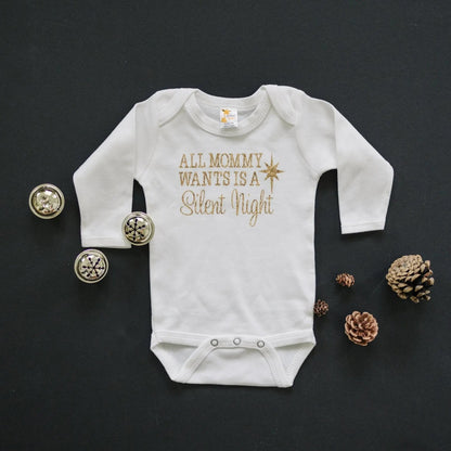Gold Christmas Baby Tshirt - Newborn Baby Gift - Silent Night Gold Baby Outfit Joyful Moose