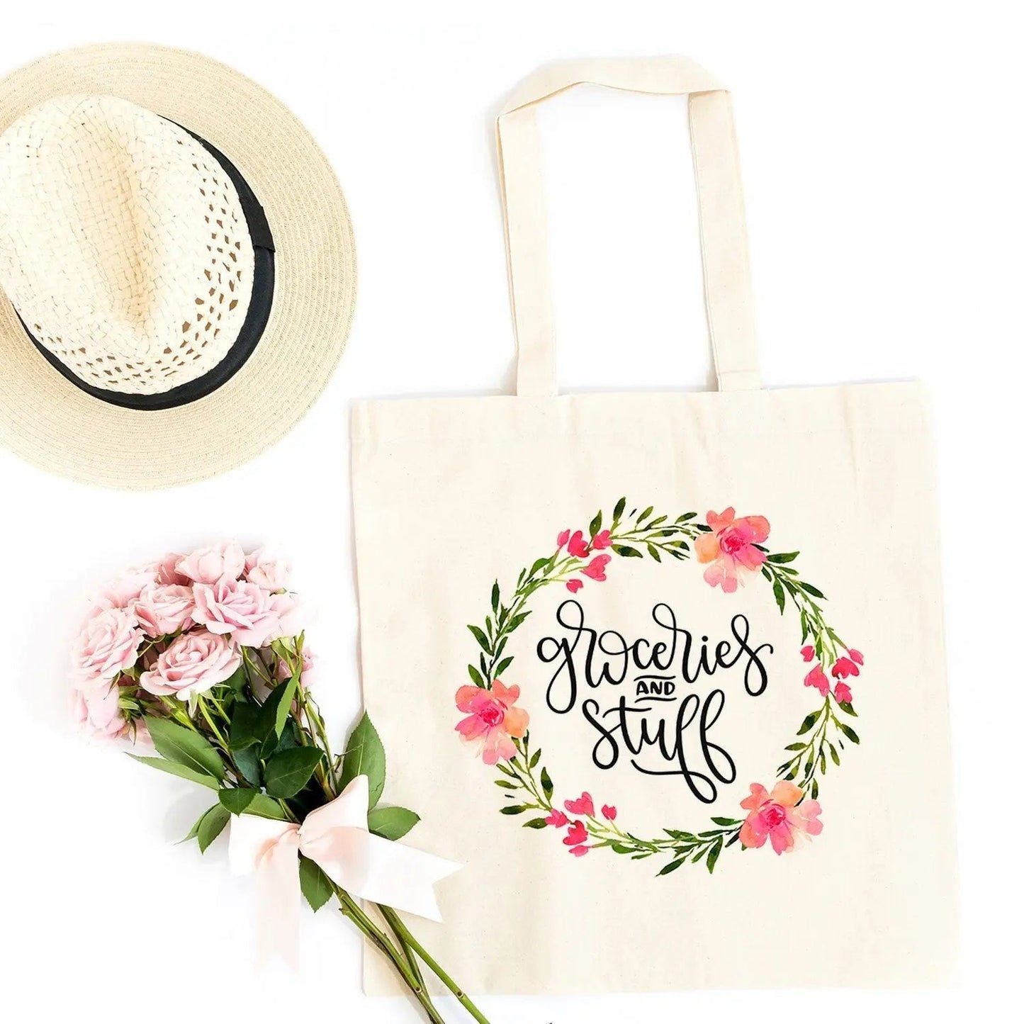 Grocery Bag - Floral Groceries & Stuff Canvas Tote Bag - Reusable Cotton Shopping Market Bag Joyful Moose