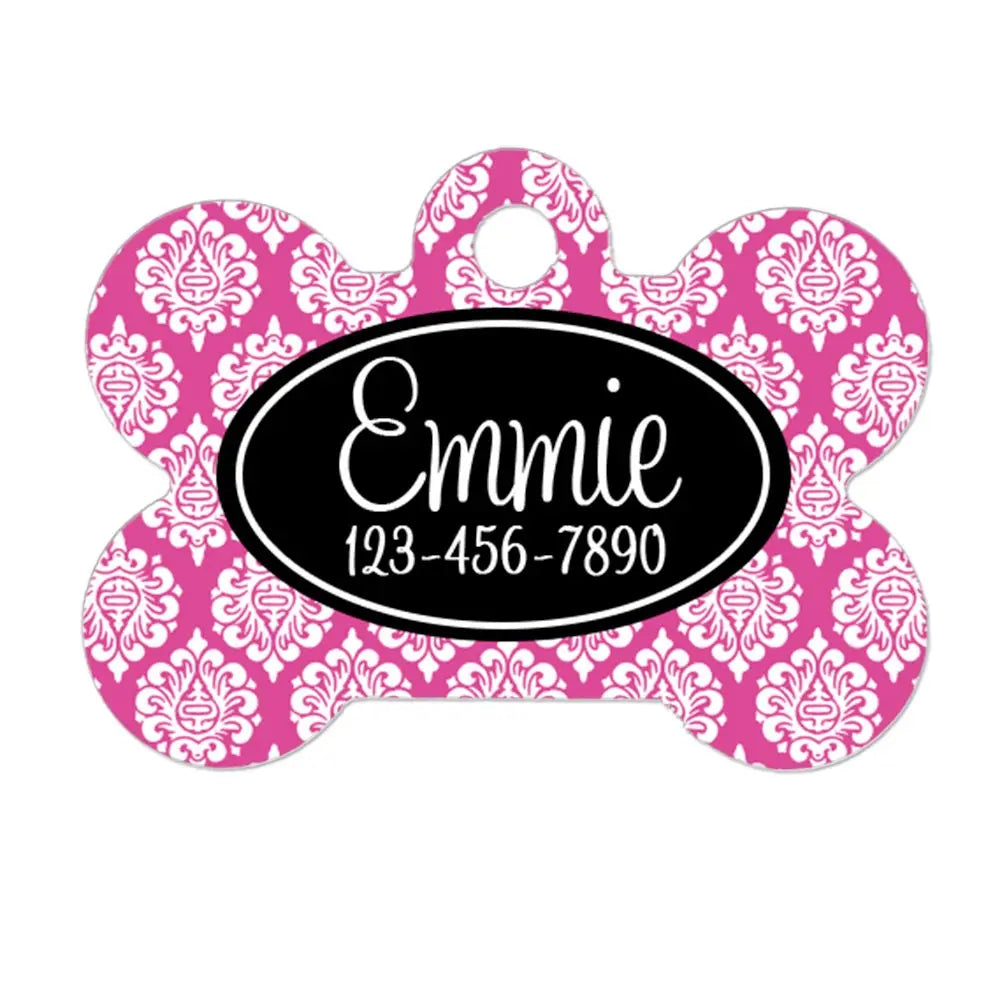 Pet Puppy Tag - Black Pink Damask Custom Dog Tag - Personalized ID Tag for Dog Collar - custom pet tag - Dog Collar Name Tag Joyful Moose