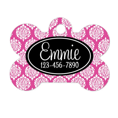 Pet Puppy Tag - Black Pink Damask Custom Dog Tag - Personalized ID Tag for Dog Collar - custom pet tag - Dog Collar Name Tag Joyful Moose