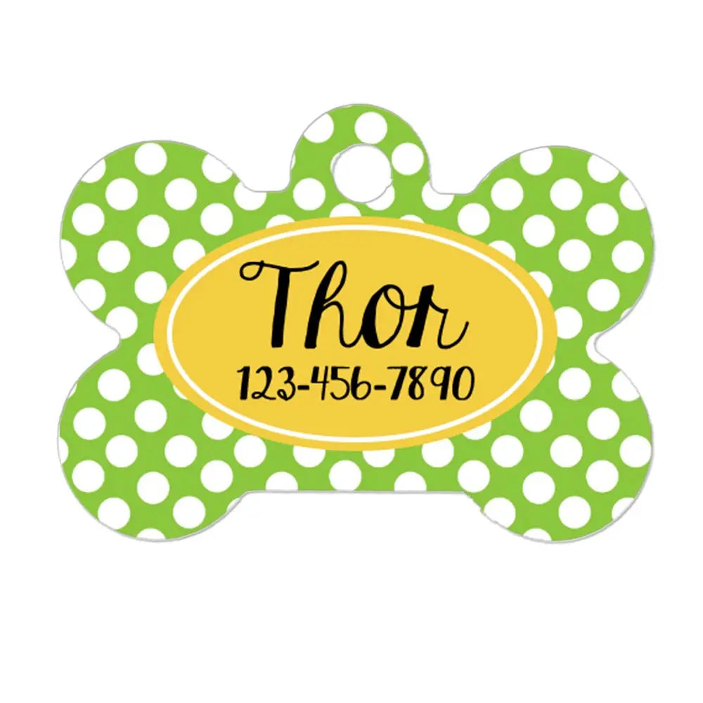 Lime Green & Yellow Pet ID Tag - Custom Pet ID Tag - Polka Dot Pet ID Tag for Dog - Bone Pet id Tag Joyful Moose