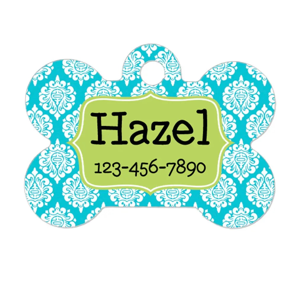 Personalized Dog Name Tag - Dog ID Tag - Aqua Lime Custom Dog Collar Tag - Dog Tag Damask Pattern Joyful Moose